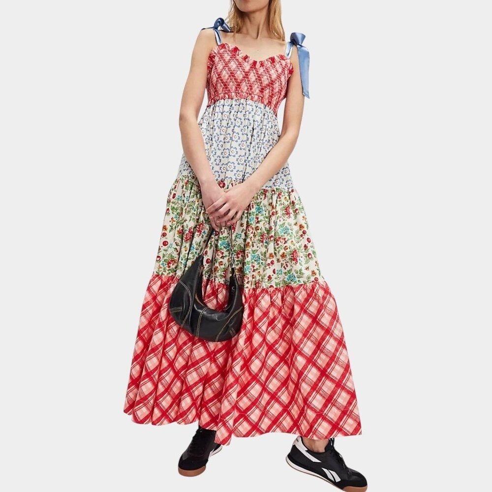 Women Bohemian Bluebell Maxi Dress Size L V-Neck Gathered Bodice Bows Shoulders